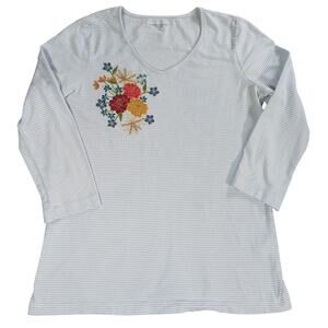 Laura Scott Floral Embroidered Stripe Long Sleeve V Neck Top Women M